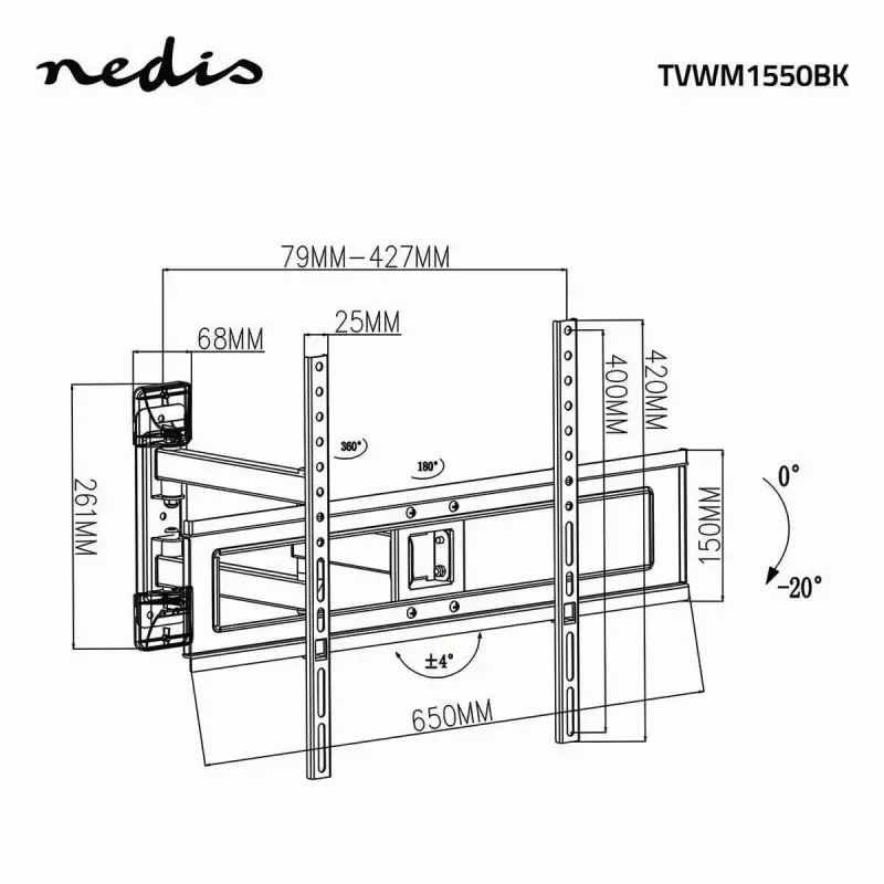 Stovas televizoriui Nedis TVWM1550BK 94–177,8 cm (37–70 col.), VESA 600x400, 25 kg, juodas