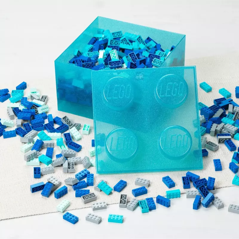 Room Copenhagen Storage Brick 4 Top Lid Glitter šviesiai mėlyna/skaidri LEGO stiliaus dėžutė daiktams susidėti