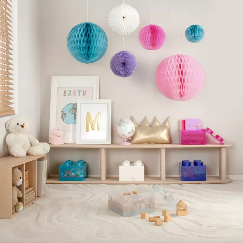 Room Copenhagen Storage Brick 4 Top Lid Glitter šviesiai mėlyna/skaidri LEGO stiliaus dėžutė daiktams susidėti