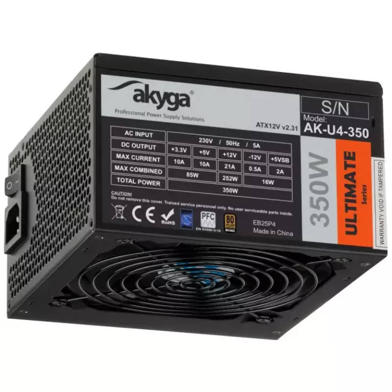 Akyga AK-U4-350 Ultimate 350 W ATX maitinimo blokas, 80 PLUS Bronze, aktyvusis PFC, 120 mm ventiliatorius