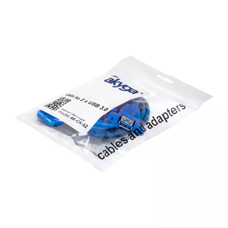Akyga AK-CA-62 vidinis USB 3.0 adapterio kabelis, 19 kontaktų jungtis į 2 x USB-A lizdus, 0,65 m