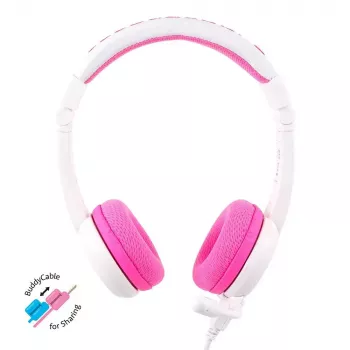BuddyPhones School+ laidinės ausinės vaikams, 20–20000 Hz, 1,4 m laidas, rausvai balta