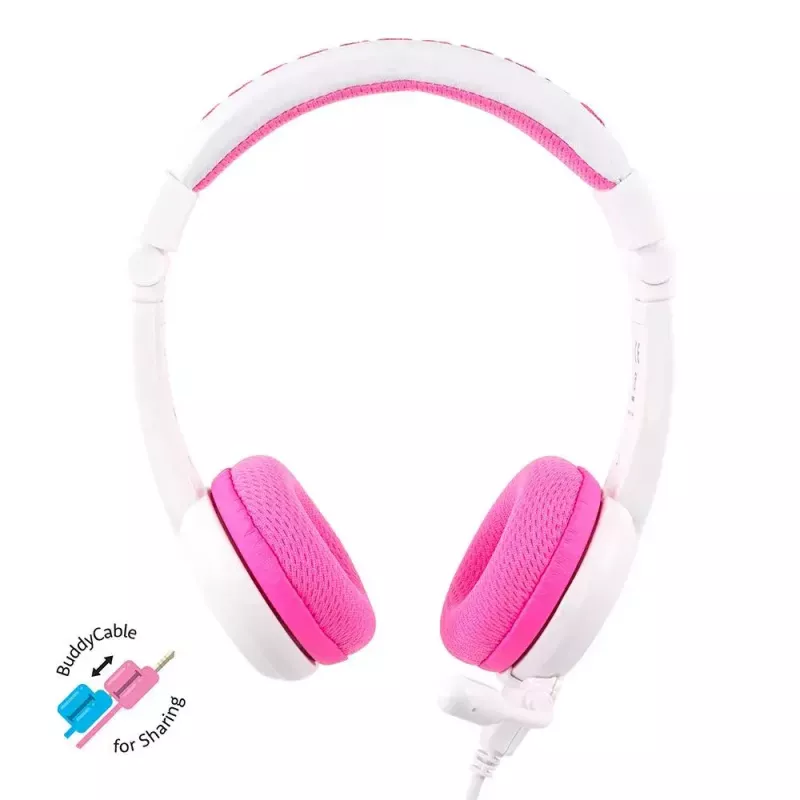 BuddyPhones School+ laidinės ausinės vaikams, 20–20000 Hz, 1,4 m laidas, rausvai balta