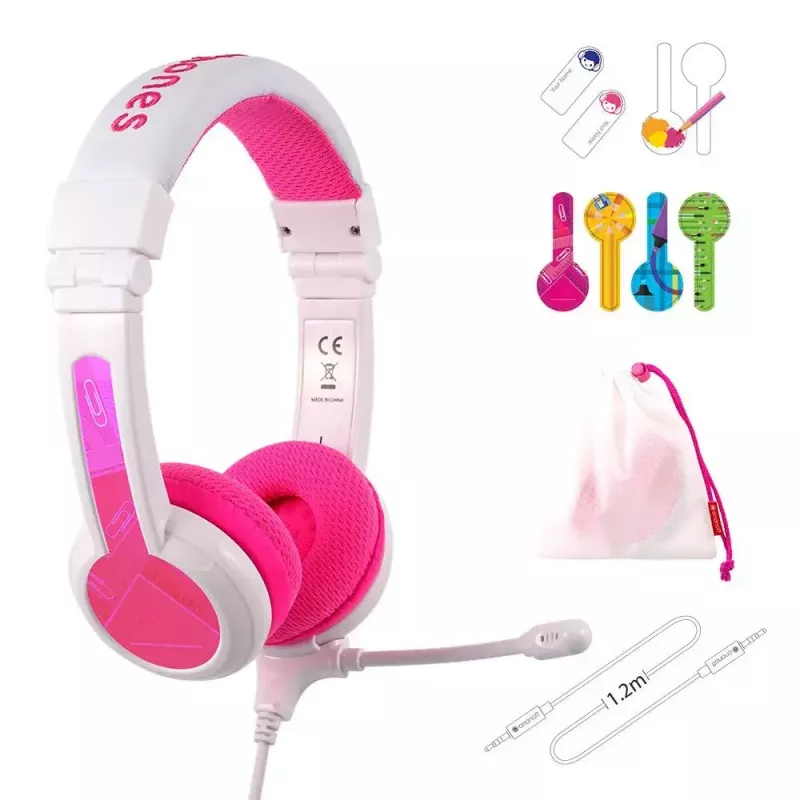 BuddyPhones School+ laidinės ausinės vaikams, 20–20000 Hz, 1,4 m laidas, rausvai balta