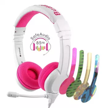 BuddyPhones School+ laidinės ausinės vaikams, 20–20000 Hz, 1,4 m laidas, rausvai balta