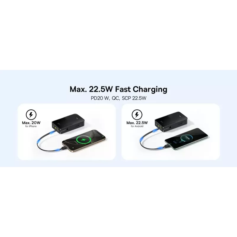 Power bank Baseus EnerFill Bipow2 Pro — 20000 mAh, PD 3.0 & QC 3.0, 22.5W, 1×USB-A + 1×USB-C, juoda, iki 3 įrenginių