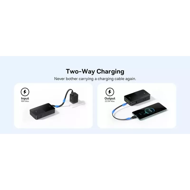 Power bank Baseus EnerFill Bipow2 Pro — 20000 mAh, PD 3.0 & QC 3.0, 22.5W, 1×USB-A + 1×USB-C, juoda, iki 3 įrenginių