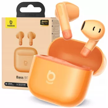 Belaidės ausinės „Baseus Bass BS2 Lite TWS“ – oranžinės, stereo garsas, kompaktiškas įkrovimo dėklas