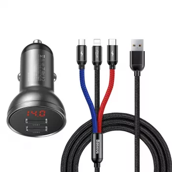 Automobilinis USB įkroviklis Baseus AB2XUSBAKBK — 2× USB 2.0, 4.8 A, cigaretinių degtukų lizdas, juodai pilkas