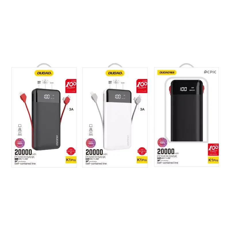 Powerbank Dudao K1Pro 20000mAh 15W su 4 integruotais kabeliais, juoda