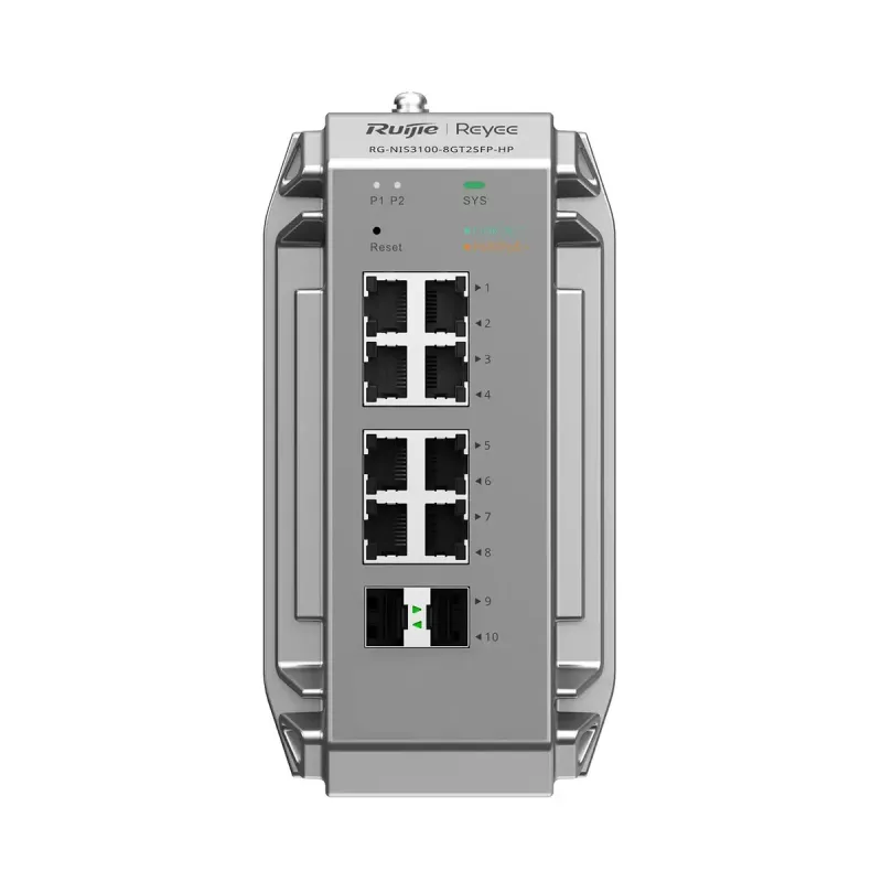 Valdomas L2 tinklo jungiklis Ruijie RG-NIS3100-8GT2SFP-HP — 8× Gigabit RJ-45, 2× SFP, PoE, 12–56V DC, 20 Gbit/s, 8000 MAC, Pilka