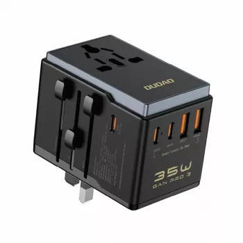 Kelioninis adapteris Dudao A35Pro 35W su 3× USB-C ir 2× USB-A, keičiamais kištukais EU/UK/AUS/US/JP – juodas