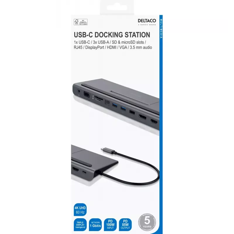 Deltaco USBC-DOCK2 belaidis dokas nešiojamam kompiuteriui, USB 3.2 Gen 1 Type-C, pilkas
