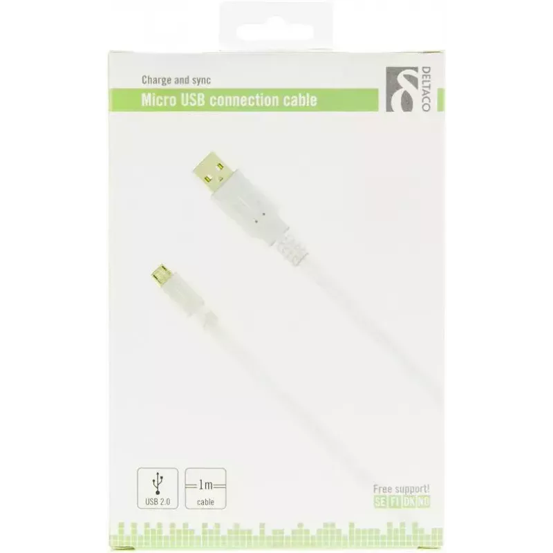USB laidas Deltaco MICRO-100, 1 m, USB A – Micro-USB B, baltas