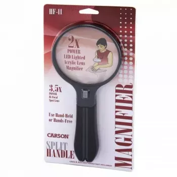 Didinamasis stiklas Carson Split Handle HF-11 – 3,5× rankinis didintuvas, juodas/skaidrus, AAA baterija