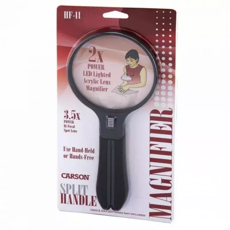Didinamasis stiklas Carson Split Handle HF-11 – 3,5× rankinis didintuvas, juodas/skaidrus, AAA baterija