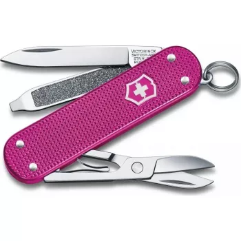 Kišeninis peiliukas Victorinox Classic SD Alox Flamino Party red – kompaktiškas daugiafunkcis įrankis su ašmenimis, žirklėmis, nagų dilde, atsuktuvu ir raktų pakabuku