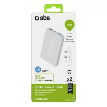 Nešiojamas išorinis akumuliatorius SBS 5000 mAh, balta