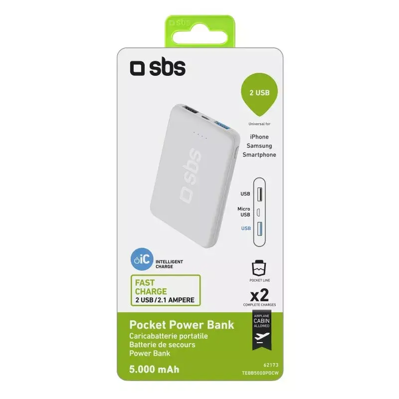 Nešiojamas išorinis akumuliatorius SBS 5000 mAh, balta