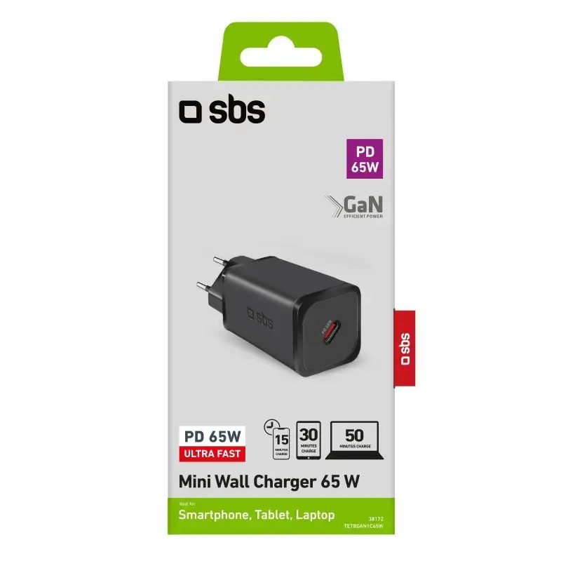SBS Mobilus vidinis AC greitasis įkroviklis TETRGAN1C65W — 100–240V, 1x USB-C, juodas, telefonui, planšetei, nešiojamam kompiuteriui, laikrodžiui, ausinėms