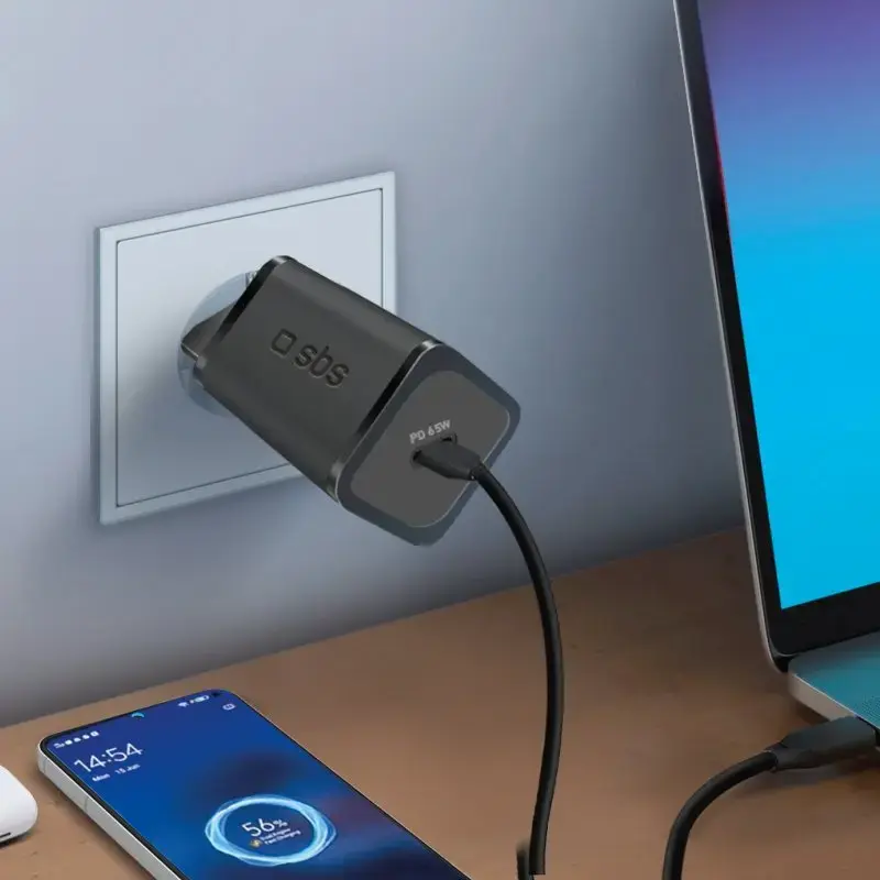 SBS Mobilus vidinis AC greitasis įkroviklis TETRGAN1C65W — 100–240V, 1x USB-C, juodas, telefonui, planšetei, nešiojamam kompiuteriui, laikrodžiui, ausinėms