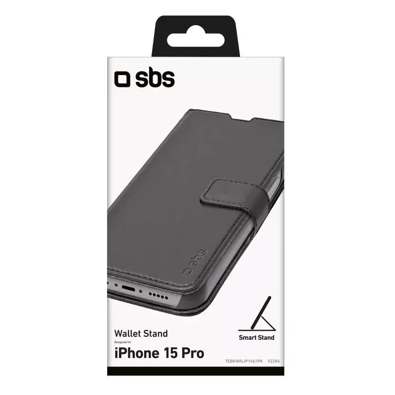 Dėklas su pinigine SBS TEBKWALIP1561PK, skirtas iPhone 15 Pro 6,1 colio, juodas