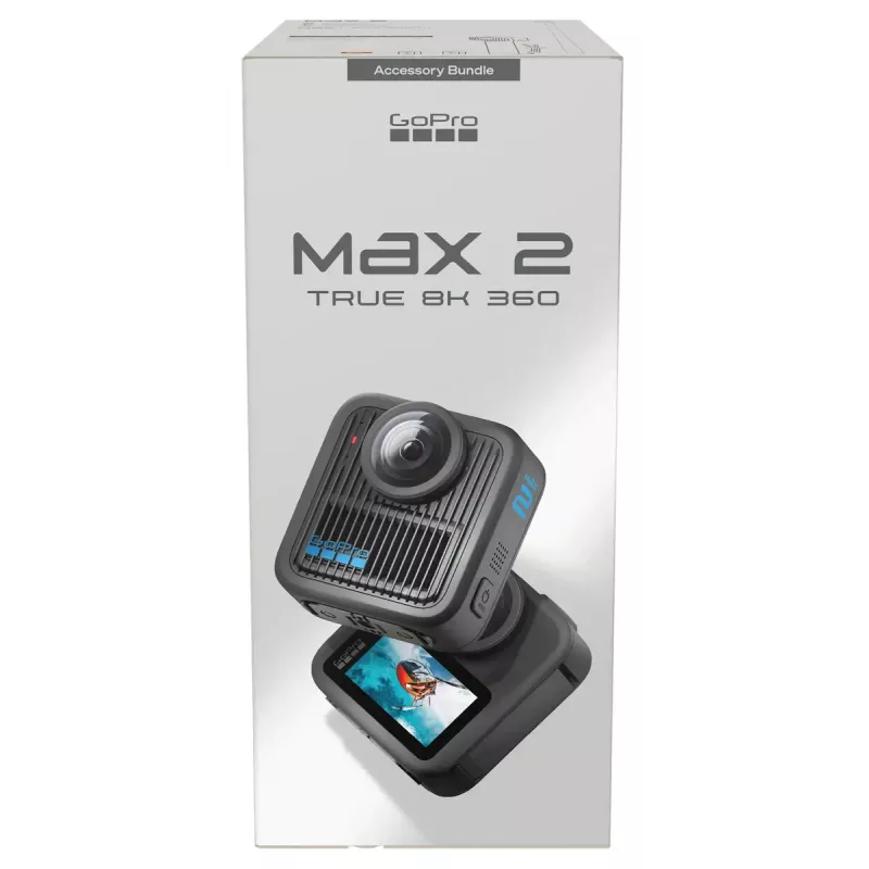 Veiksmo kamera GoPro MAX2 su 8K Ultra HD, 29,5 MP jutikliu, 100 kadrų per sekundę, LCD ekranu, GPS, Wi‑Fi — priedų rinkinys