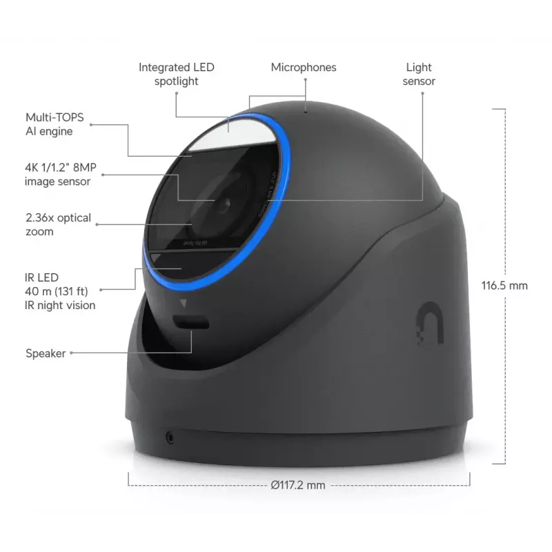 IP stebėjimo kamera UBIQUITI UVC-G6-Pro-Turret-B — 3840×2160, 1/1.2 colio CMOS, 2,36× optinis priartinimas, PoE+, lubos/siena, vidui/lauke
