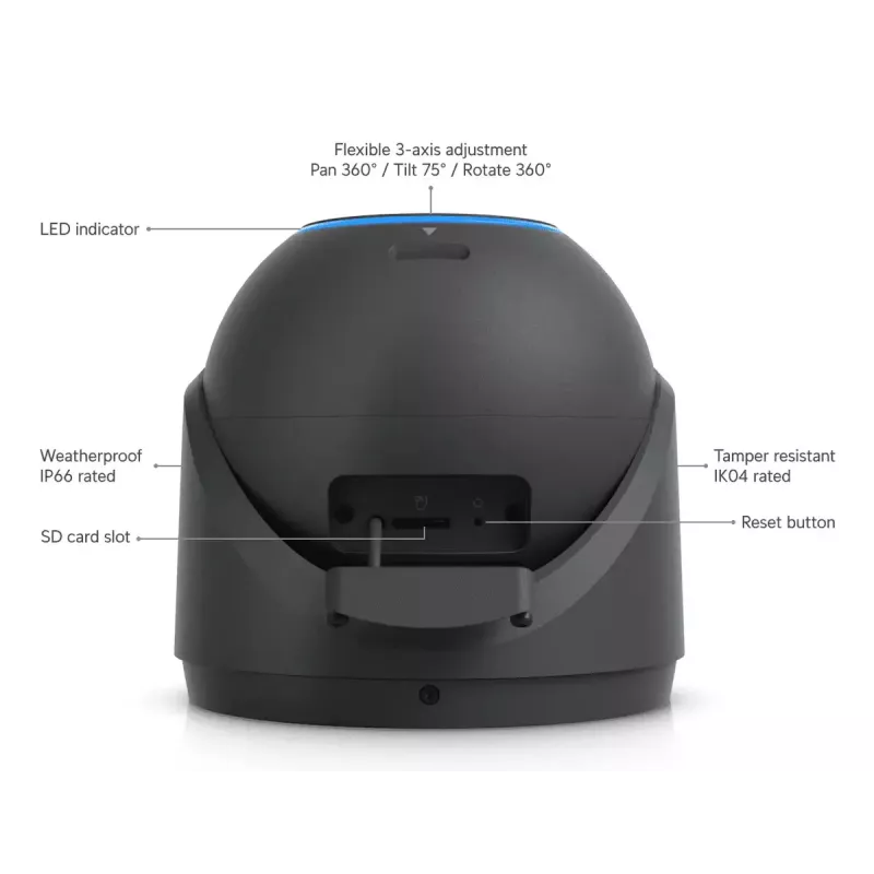 IP stebėjimo kamera UBIQUITI UVC-G6-Pro-Turret-B — 3840×2160, 1/1.2 colio CMOS, 2,36× optinis priartinimas, PoE+, lubos/siena, vidui/lauke