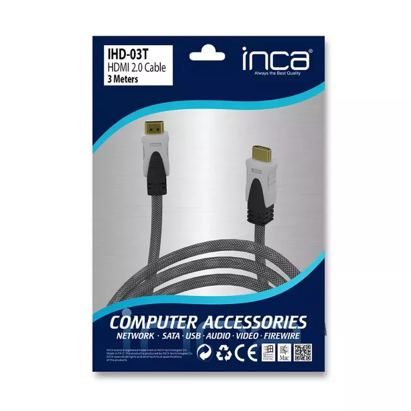 HDMI kabelis Inca IHD-03T 3 m HDMI A tipo kištukas-kištukas pilkas