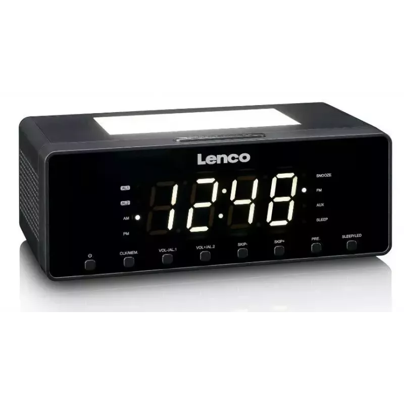 Laikrodinis radijas Lenco CR540BK – FM žadintuvas, 1,2 colio LED ekranas, reguliuojama naktinė lemputė, USB įkrovimas, stereo garsiakalbiai