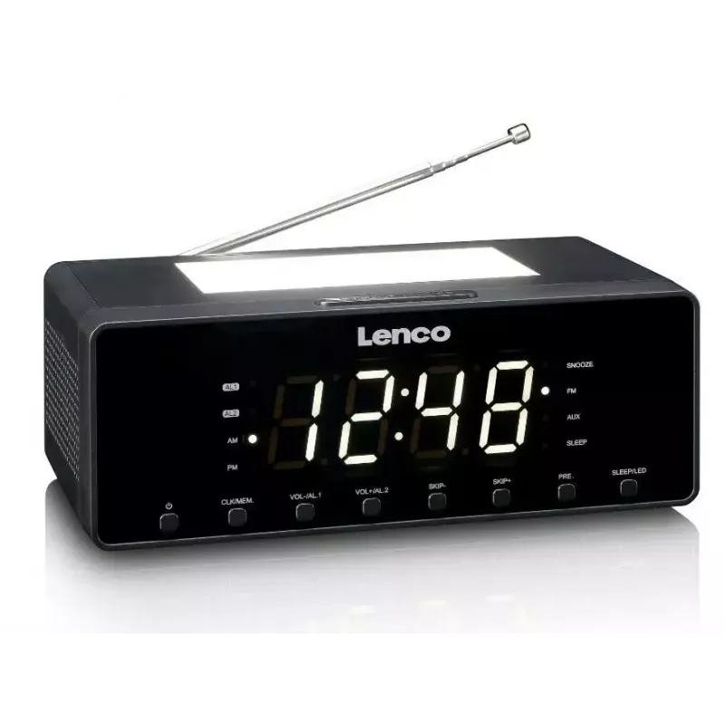 Laikrodinis radijas Lenco CR540BK – FM žadintuvas, 1,2 colio LED ekranas, reguliuojama naktinė lemputė, USB įkrovimas, stereo garsiakalbiai