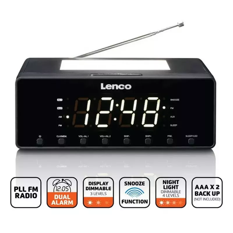 Laikrodinis radijas Lenco CR540BK – FM žadintuvas, 1,2 colio LED ekranas, reguliuojama naktinė lemputė, USB įkrovimas, stereo garsiakalbiai