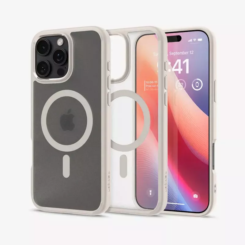 Spigen Ultra Hybrid (MagFit) mobiliojo telefono dėklas – smėlio spalvos permatomas