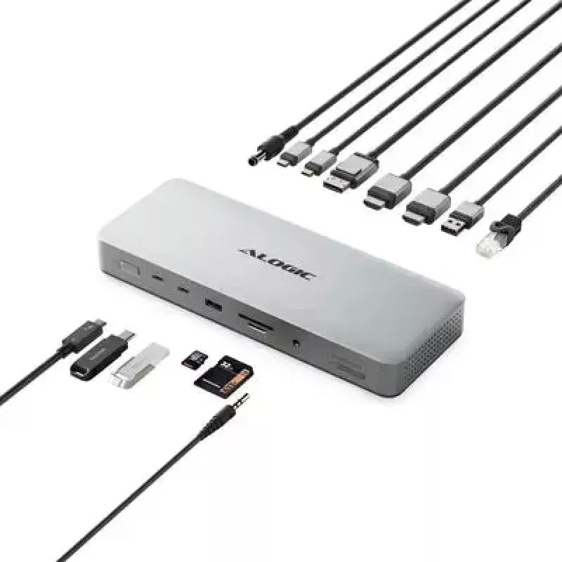 Dokų stotelė / prievadų replikatorius ALOGIC TB4DU4 — laidinis Thunderbolt, 96 W, SD/MicroSD skaitytuvas, 3,5 mm lizdas, aliuminis/ABS