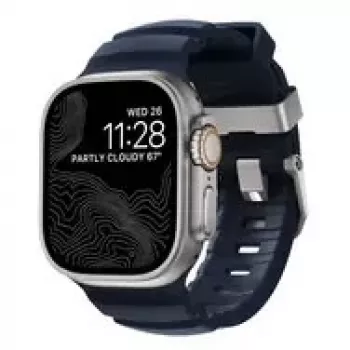 NOMAD Rocky Point Band – dirželis, skirtas Apple Watch 46mm/49mm, iš FKM ir titano (atlanto mėlyna, natūrali apkausta)