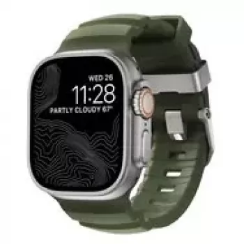 NOMAD Rocky Point Band – dirželis, skirtas Apple Watch 46 mm / 49 mm, su FKM ir titanu (miško spalva, natūrali aparatūra)