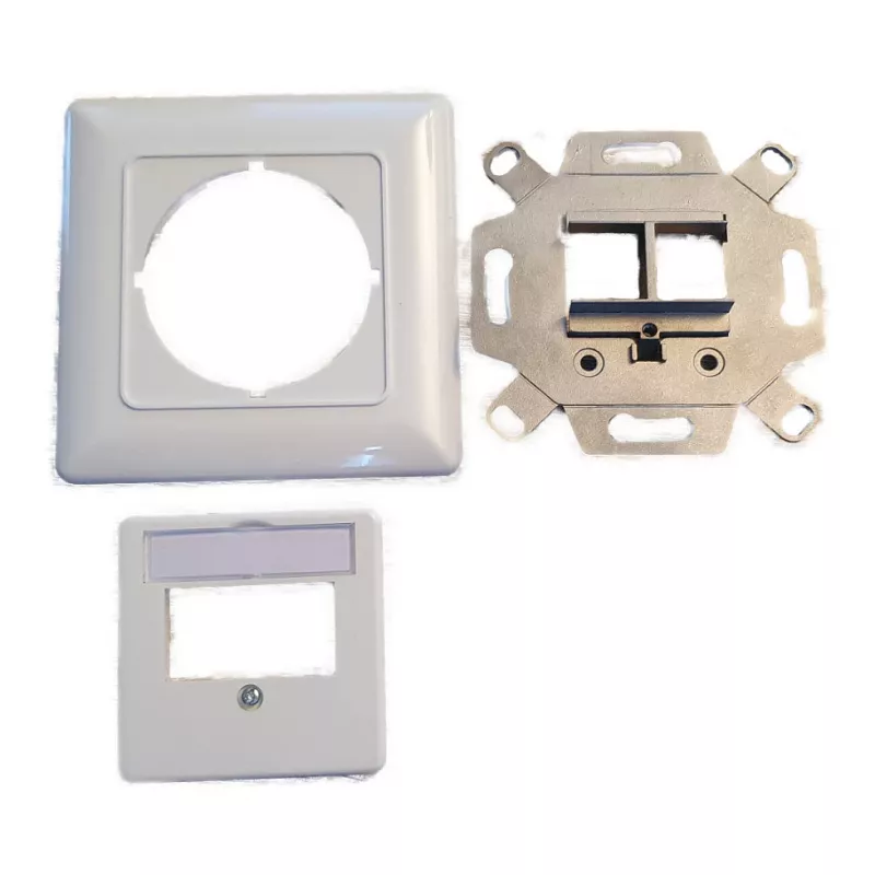 EFB Elektronik 2 prievadų Keystone rėmelio rinkinys ET-25091 – tiesiam DIN49075 lizdui, RAL9003 baltas, 80×80 mm rėmas su 50×50 mm centrine plokšte