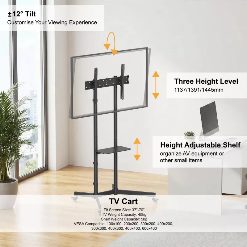 GEMBIRD Mobilus televizoriaus stovas ant ratukų su pakreipimo reguliavimu 37–70 colių