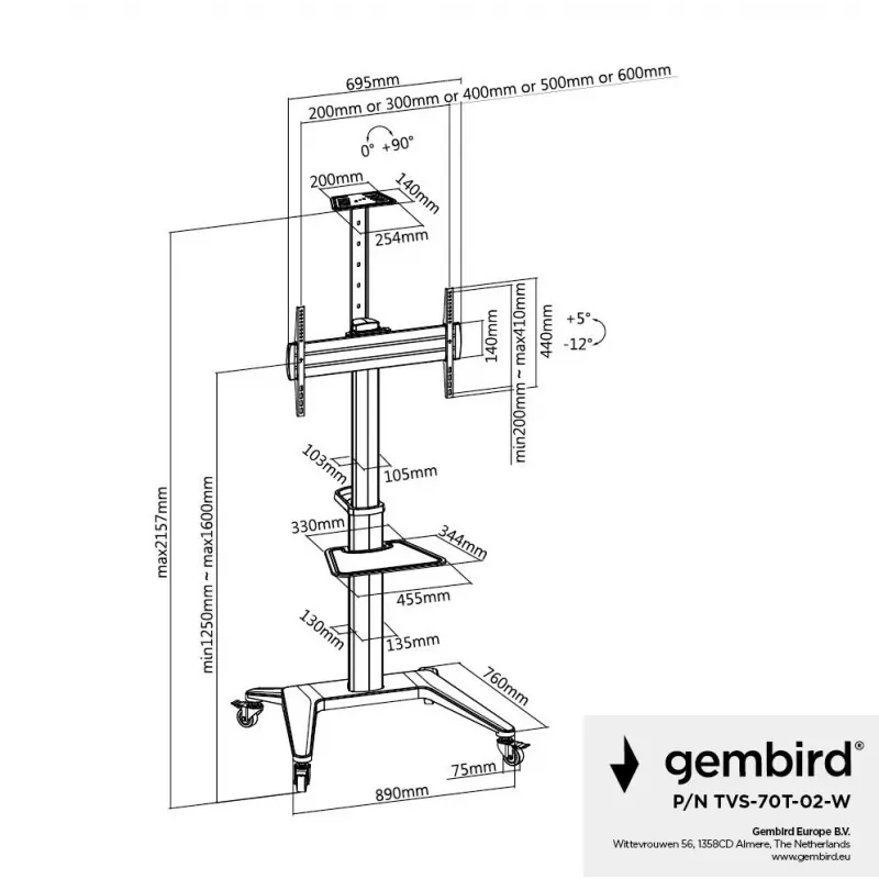 Grindinis TV stovas 37-70 colių baltas TVS-70T-02-W Gembird
