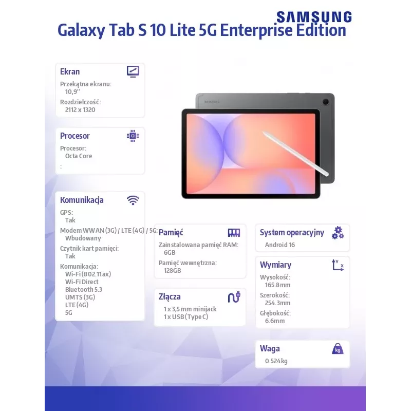 Planšetinis kompiuteris Samsung Galaxy Tab S10 Lite X400EE 10,9 colio 5G 6/128GB Enterprise Edition pilka