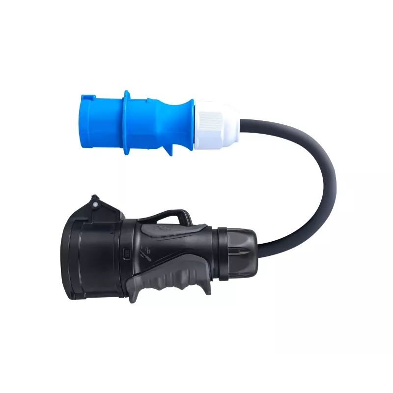 Adapter iš raudono 16A 400V CEE 5 polių movos lizdo į mėlyną 16A 230V CEE 3P