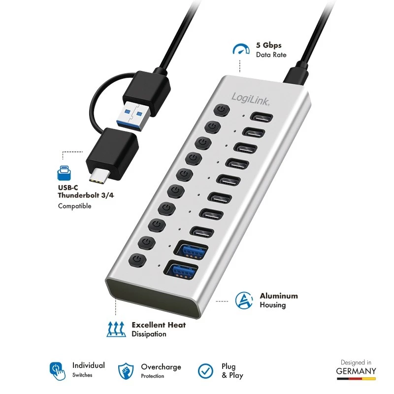 USB 3.2 Gen1 10 prievadų USB-A/C šakotuvas su atskirais jungikliais