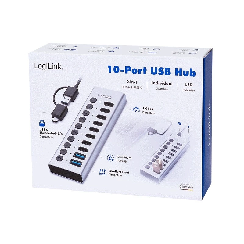 USB 3.2 Gen1 10 prievadų USB-A/C šakotuvas su atskirais jungikliais