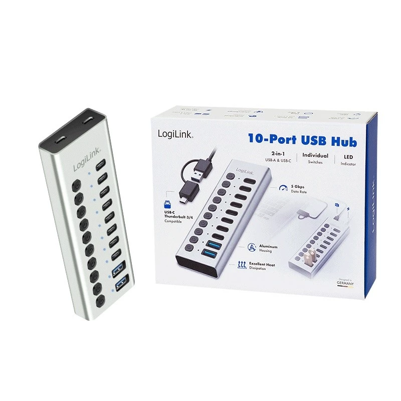 USB 3.2 Gen1 10 prievadų USB-A/C šakotuvas su atskirais jungikliais