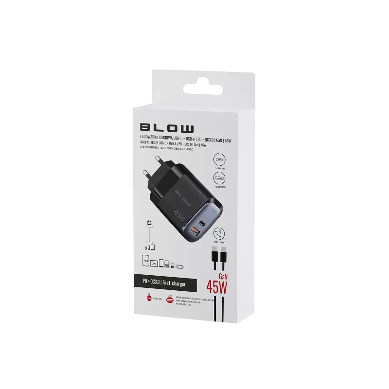 Sieninis įkroviklis USB-A USB-C PD 45W su laidu