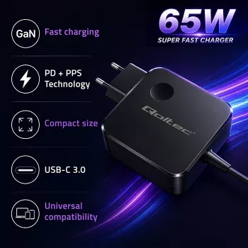 Qoltec GaN 65W USB-C PD PPS įkroviklis 5V 21V 3A 3.25A