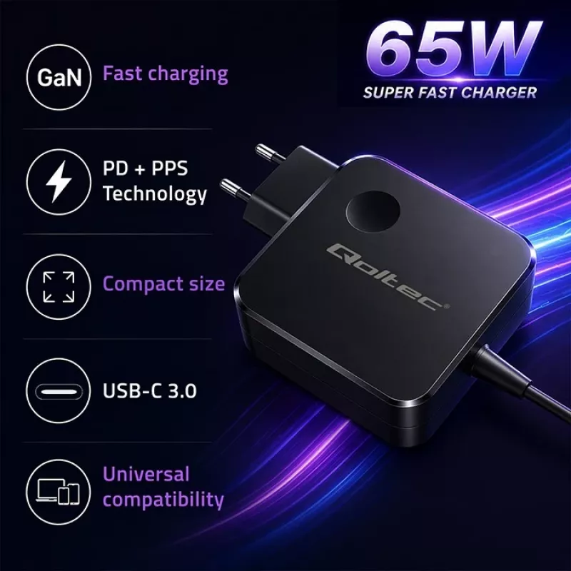 Qoltec GaN 65W USB-C PD PPS įkroviklis 5V 21V 3A 3.25A