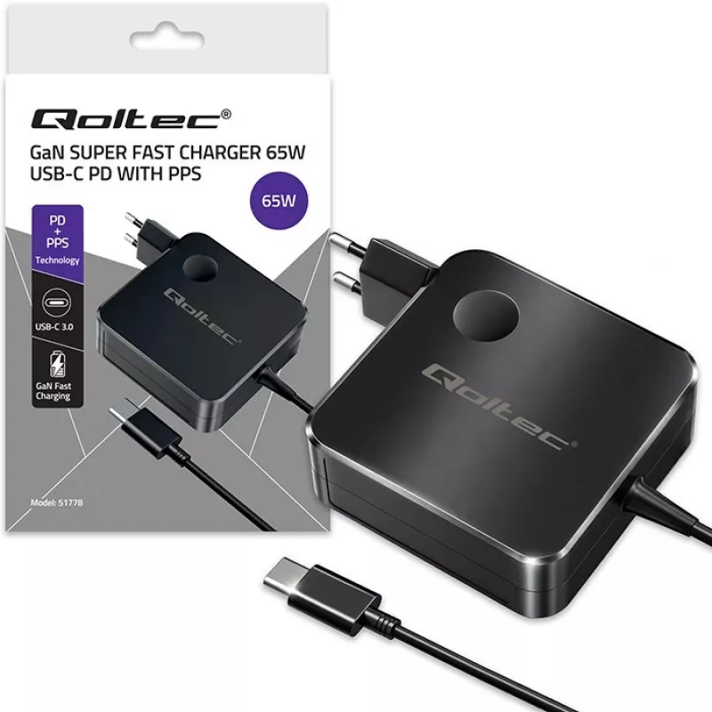 Qoltec GaN 65W USB-C PD PPS įkroviklis 5V 21V 3A 3.25A