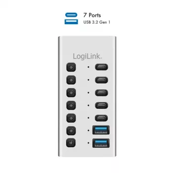USB 3.2 Gen1 7 prievadų USB-A/C šakotuvas su atskirais jungikliais